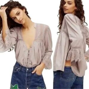 Free People Women's Lace Trim Blouse - Gray
